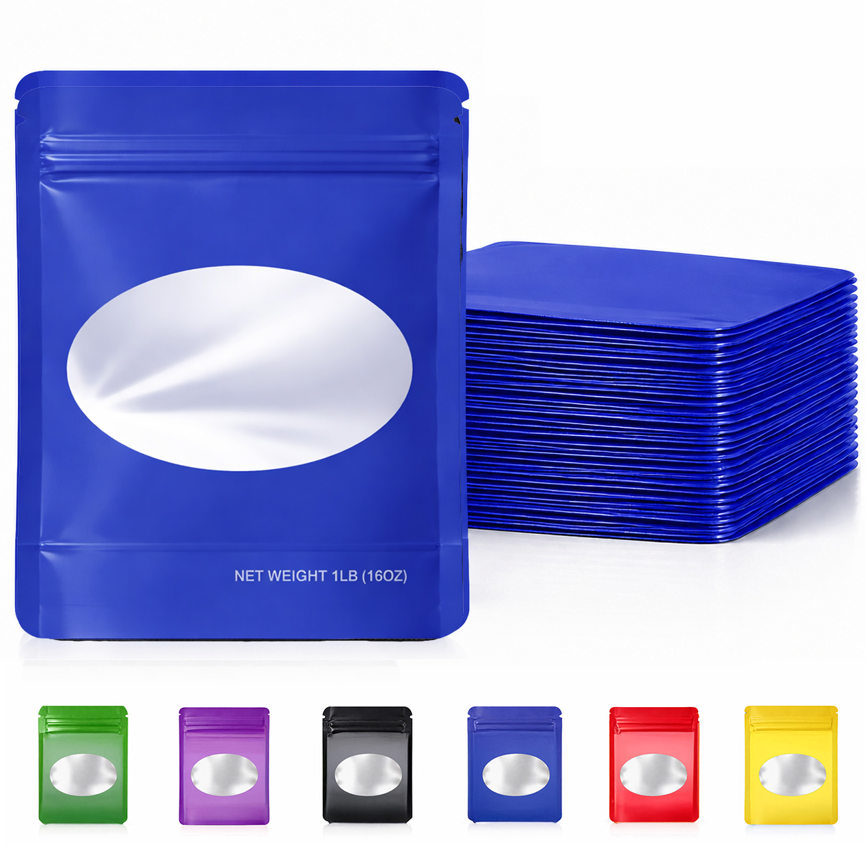 25 Pack – 1lb Solid Color Mylar Bags with Oval Window - Blue