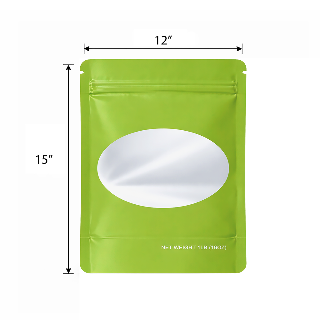 25 Pack – 1lb Solid Color Mylar Bags with Oval Window - Green