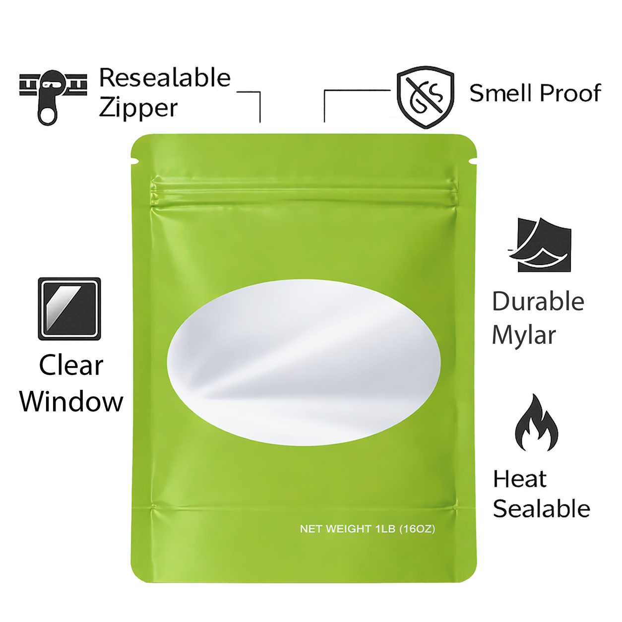 25 Pack – 1lb Solid Color Mylar Bags with Oval Window - Green