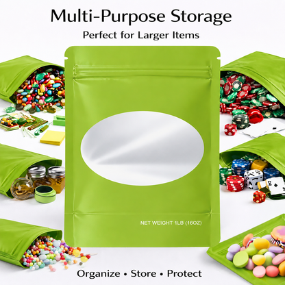 25 Pack – 1lb Solid Color Mylar Bags with Oval Window - Green