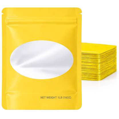 25 Pack – 1lb Solid Color Mylar Bags with Oval Window - Yellow
