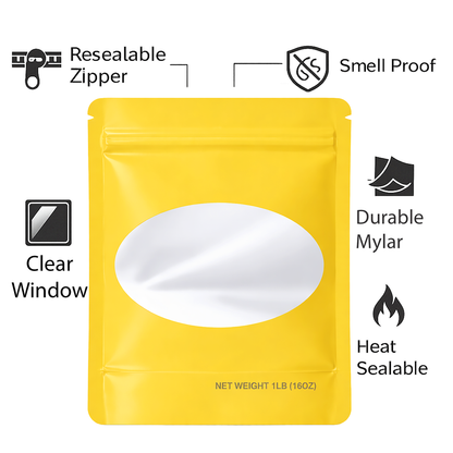 25 Pack – 1lb Solid Color Mylar Bags with Oval Window - Yellow