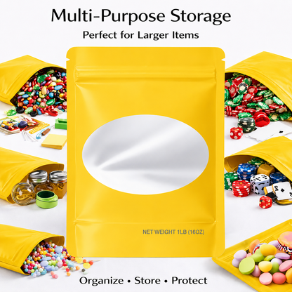 25 Pack – 1lb Solid Color Mylar Bags with Oval Window - Yellow