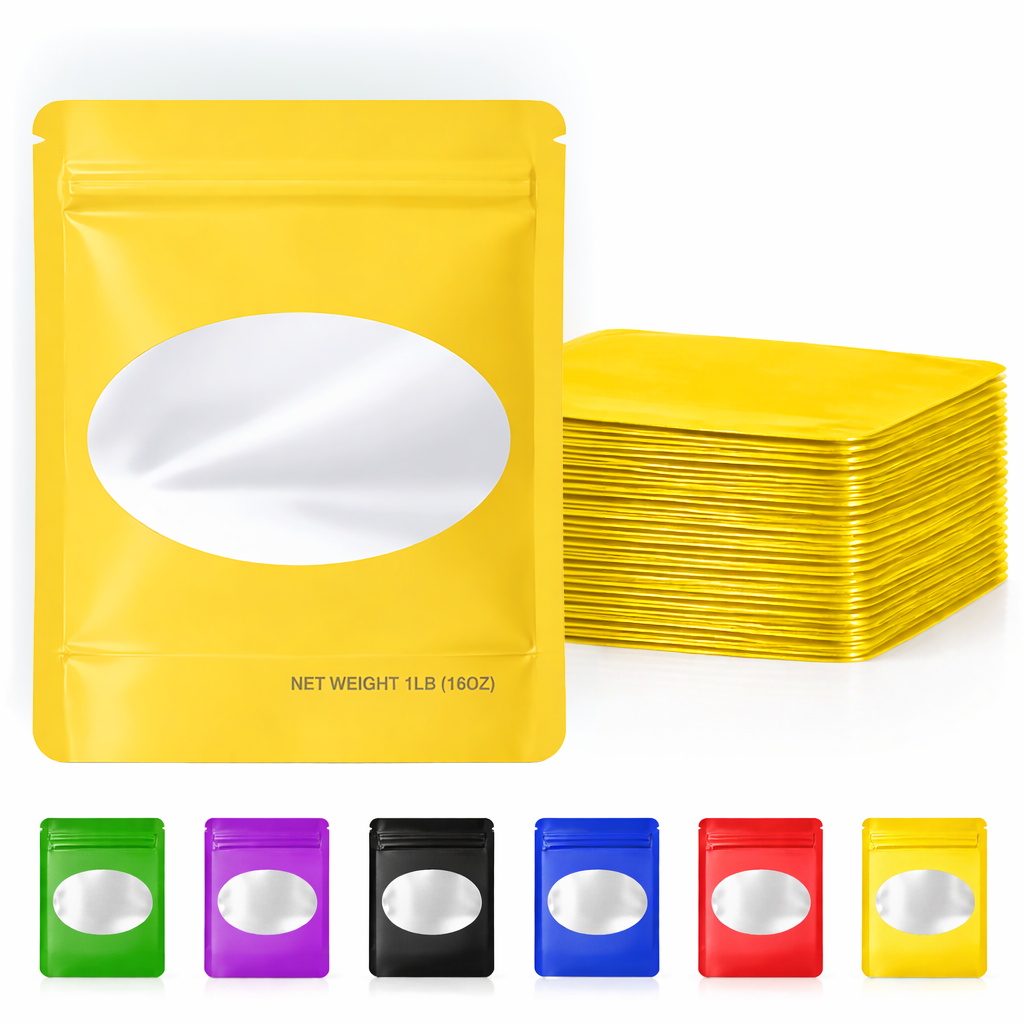 25 Pack – 1lb Solid Color Mylar Bags with Oval Window - Yellow