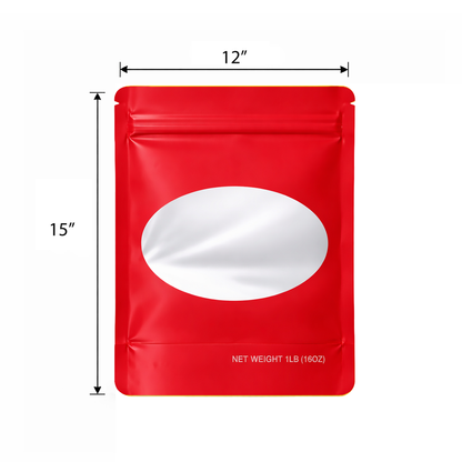 25 Pack – 1lb Solid Color Mylar Bags with Oval Window - Red