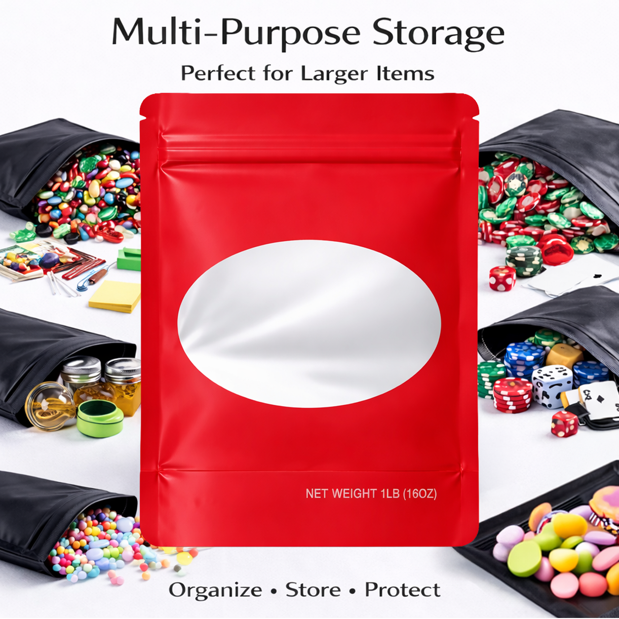 25 Pack – 1lb Solid Color Mylar Bags with Oval Window - Red