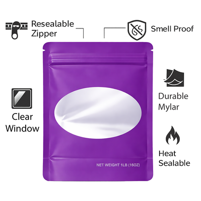 25 Pack – 1lb Solid Color Mylar Bags with Oval Window - Purple