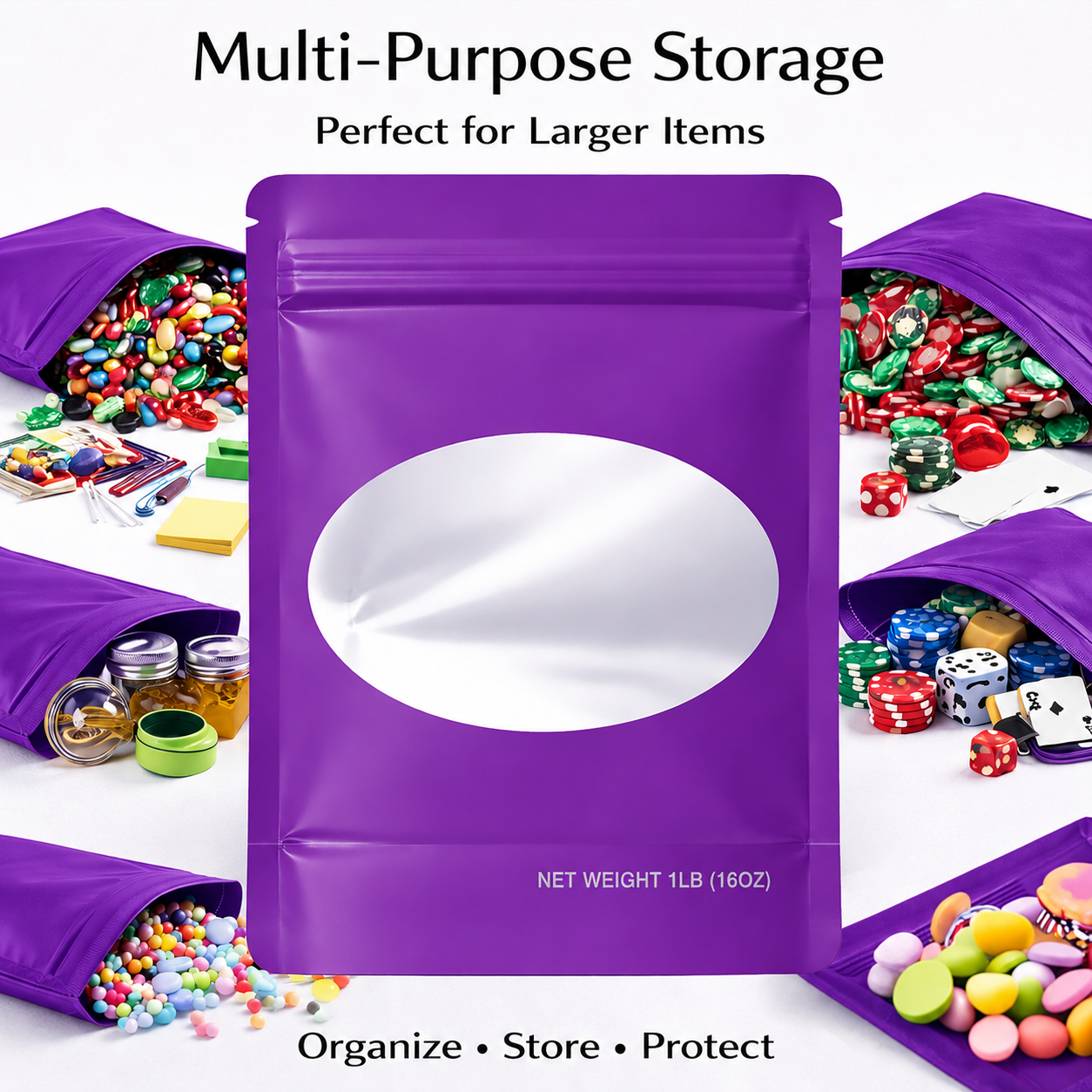 25 Pack – 1lb Solid Color Mylar Bags with Oval Window - Purple