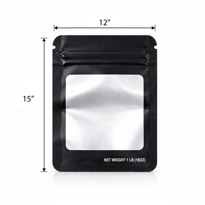 25 Pack – 1lb Solid Color Mylar Bags with Square Window - Black