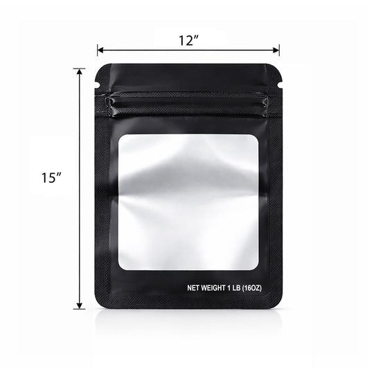 25 Pack – 1lb Solid Color Mylar Bags with Square Window - Black