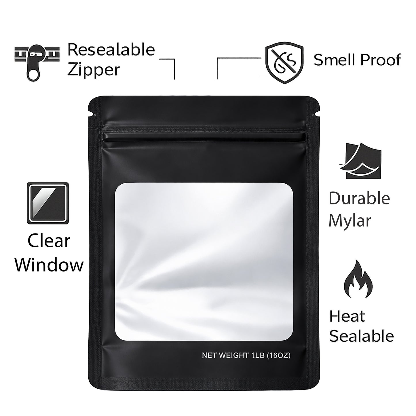 25 Pack – 1lb Solid Color Mylar Bags with Square Window - Black