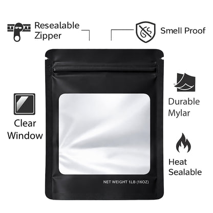 25 Pack – 1lb Solid Color Mylar Bags with Square Window - Black