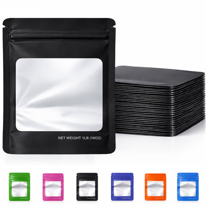 25 Pack – 1lb Solid Color Mylar Bags with Square Window - Black