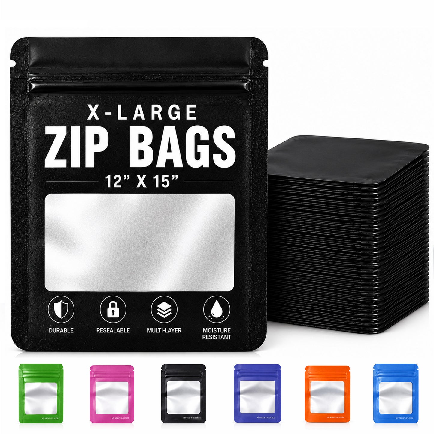 25 Pack - X-Large Solid Color Zip-Seal Foil Pouches (12"x15") Square Window Selection
