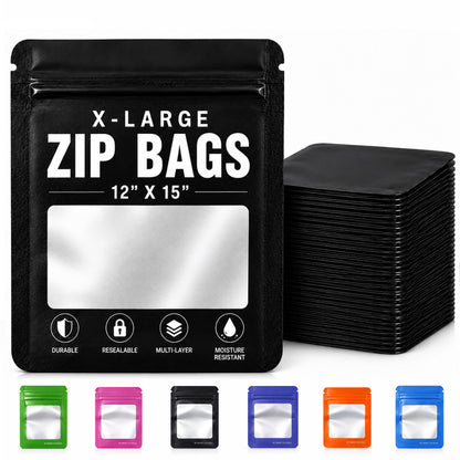 25 Pack - X-Large Solid Color Zip-Seal Foil Pouches (12"x15") Square Window Selection
