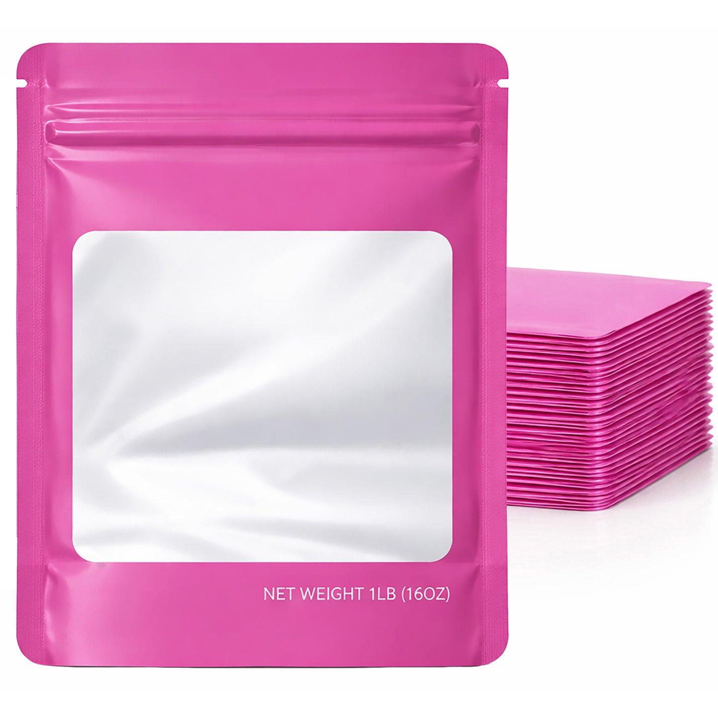 25 Pack – 1lb Solid Color Mylar Bags with Square Window - Pink