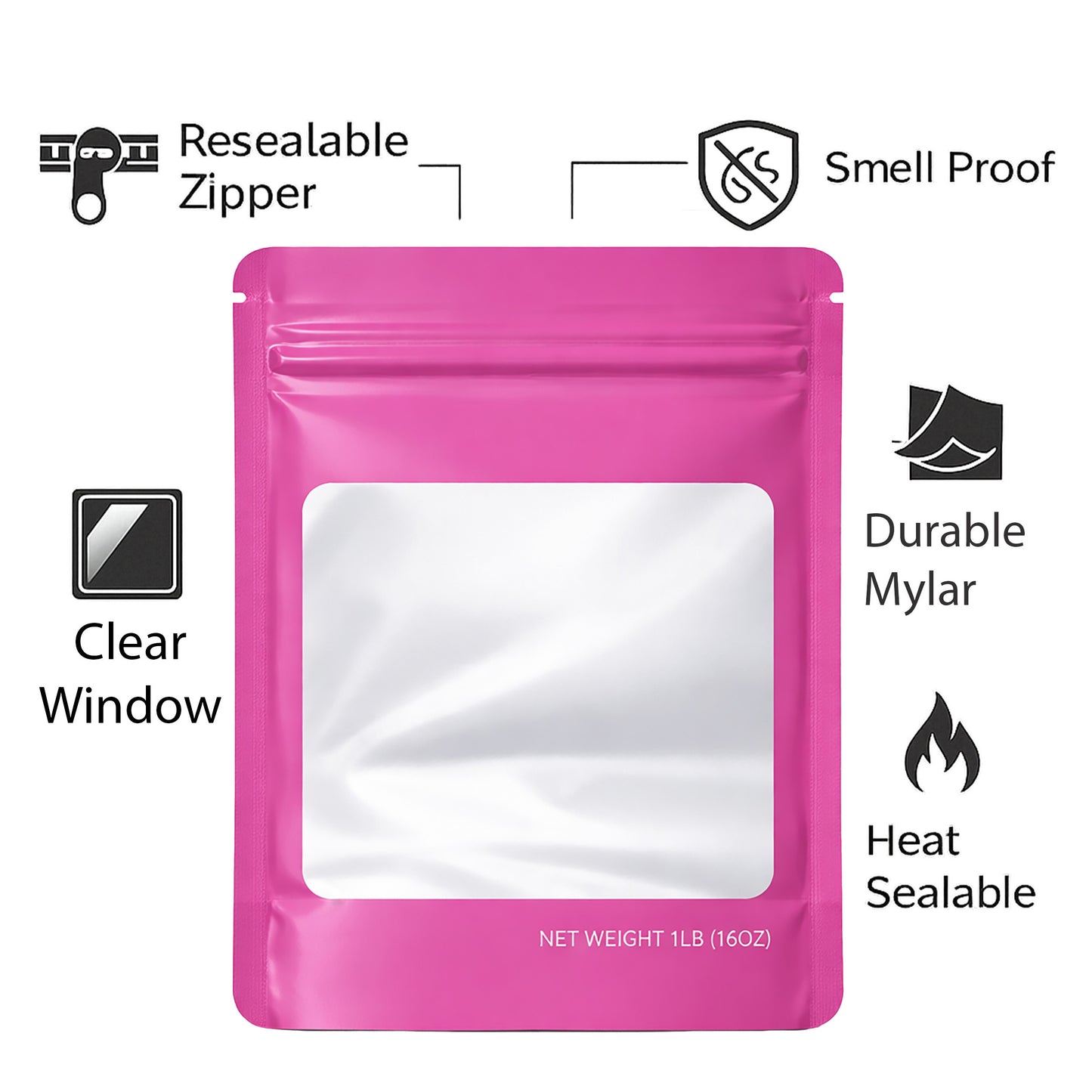 25 Pack – 1lb Solid Color Mylar Bags with Square Window - Pink