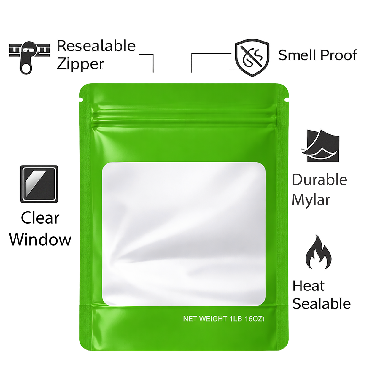 25 Pack – 1lb Solid Color Mylar Bags with Square Window - Green