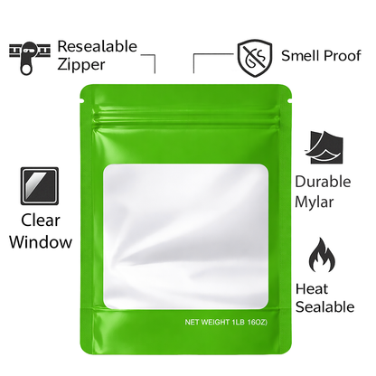 25 Pack – 1lb Solid Color Mylar Bags with Square Window - Green