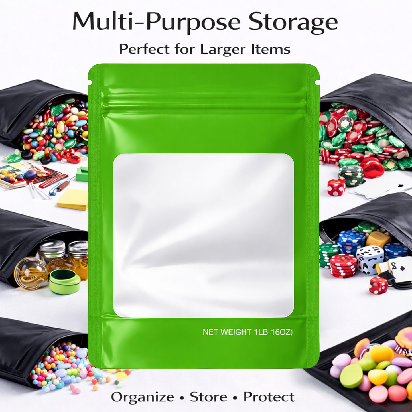 25 Pack – 1lb Solid Color Mylar Bags with Square Window - Green