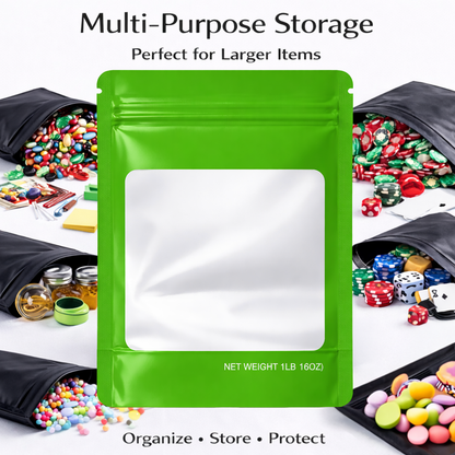 25 Pack – 1lb Solid Color Mylar Bags with Square Window - Green