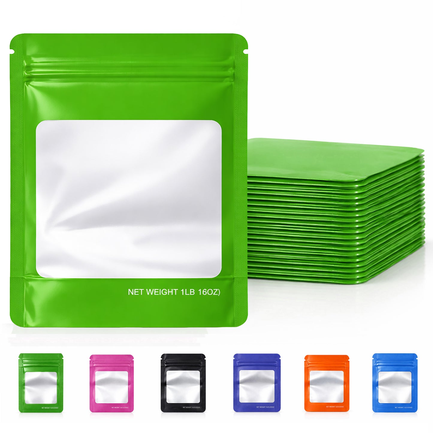 25 Pack – 1lb Solid Color Mylar Bags with Square Window - Green