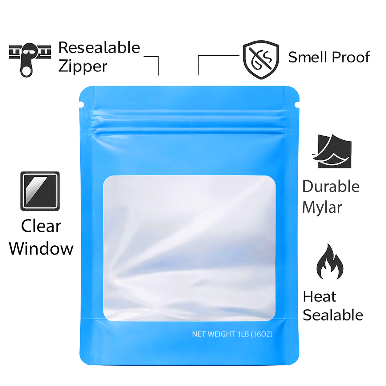 25 Pack – 1lb Solid Color Mylar Bags with Square Window - Light Blue