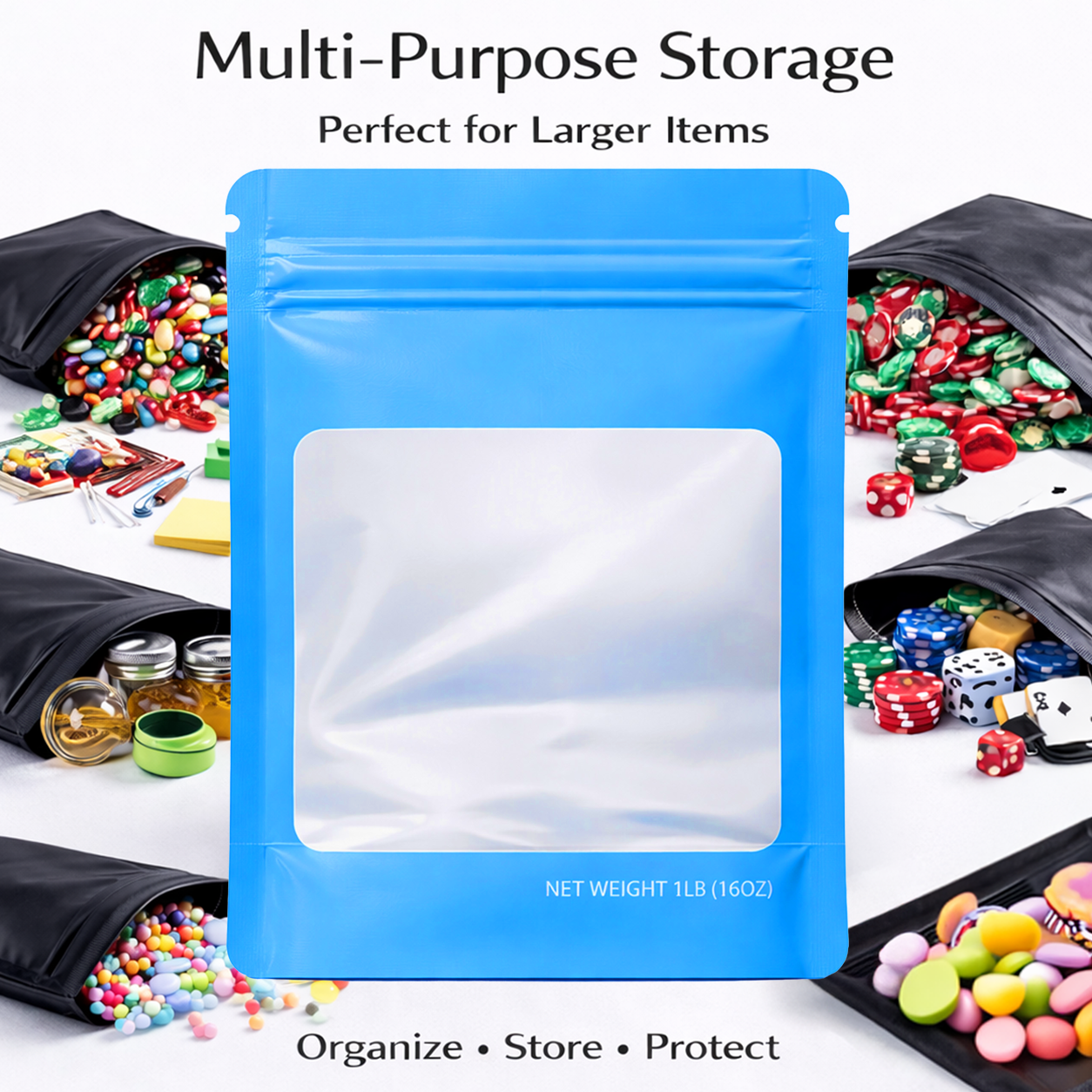 25 Pack – 1lb Solid Color Mylar Bags with Square Window - Light Blue