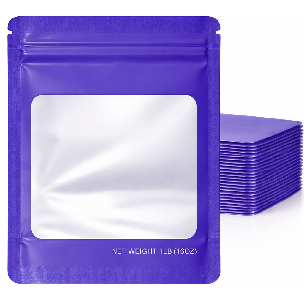 25 Pack – 1lb Solid Color Mylar Bags with Square Window - Purple
