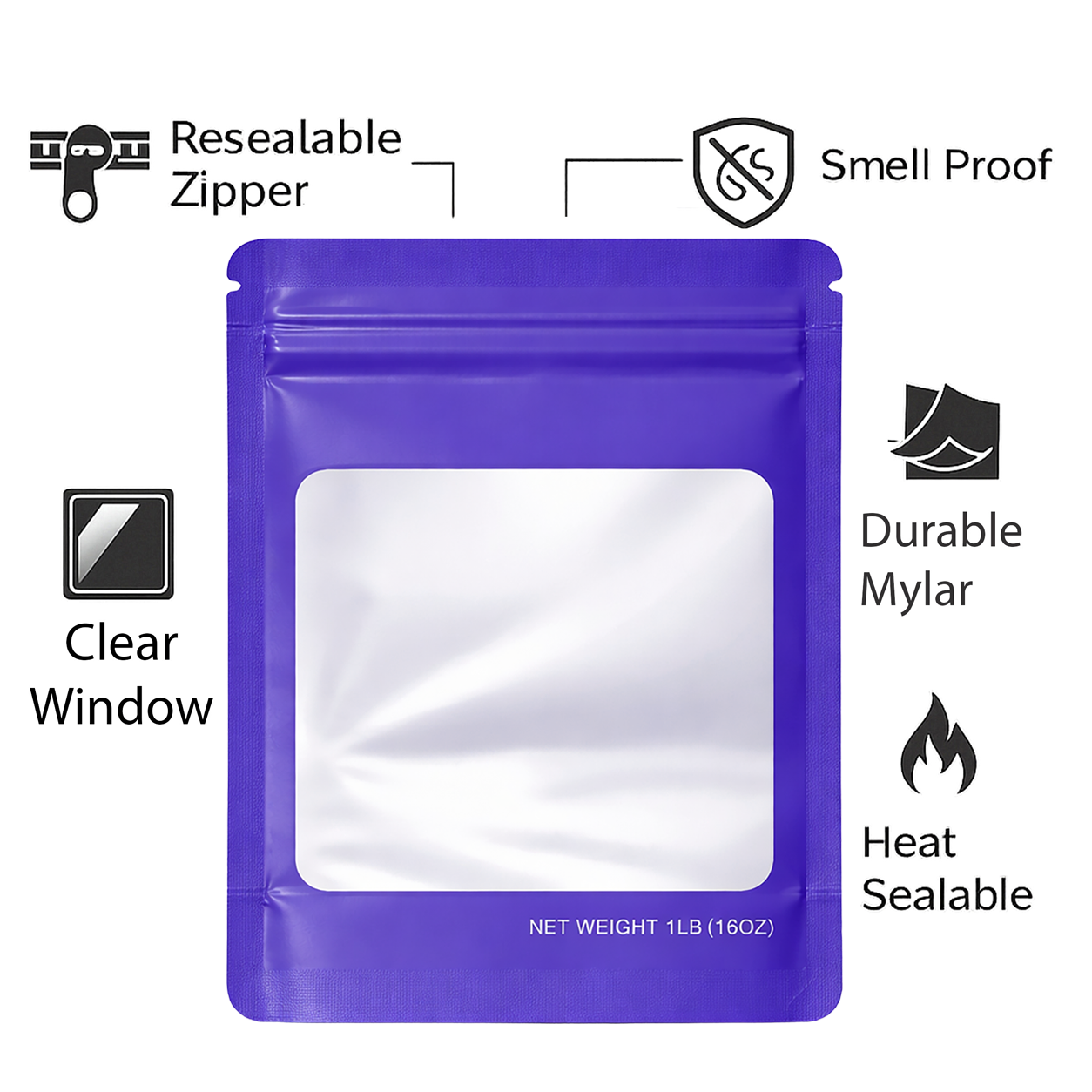 25 Pack – 1lb Solid Color Mylar Bags with Square Window - Purple