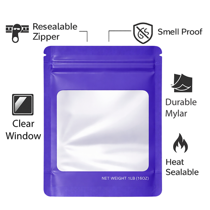 25 Pack – 1lb Solid Color Mylar Bags with Square Window - Purple
