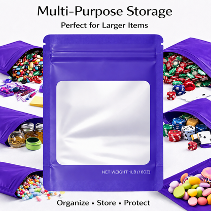 25 Pack – 1lb Solid Color Mylar Bags with Square Window - Purple