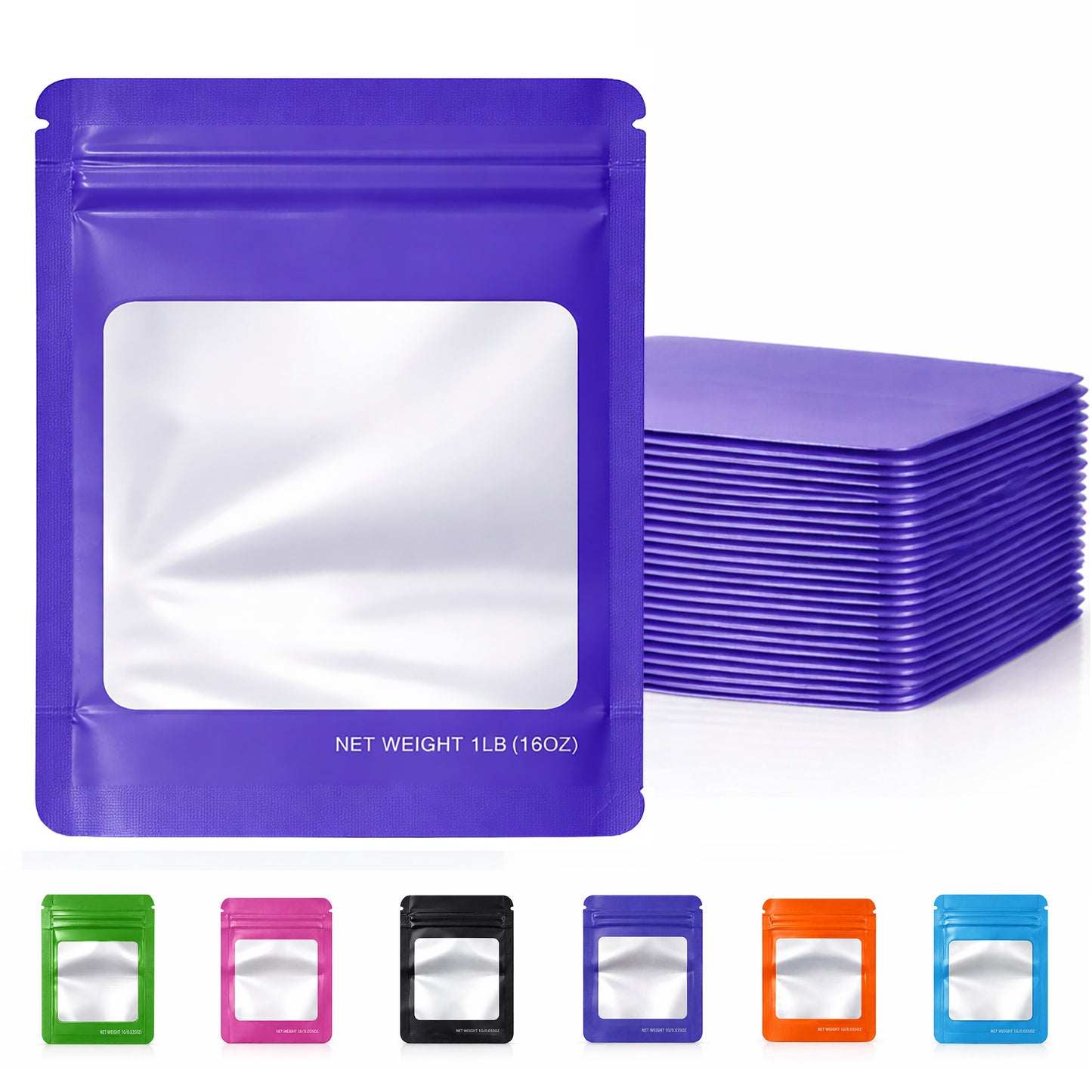 25 Pack – 1lb Solid Color Mylar Bags with Square Window - Purple