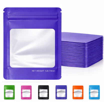 25 Pack – 1lb Solid Color Mylar Bags with Square Window - Purple