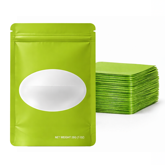 50 Pack – 28g Solid Color Mylar Bags with Oval Window - Green