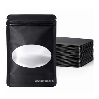 50 Pack – 28g Solid Color Mylar Bags with Oval Window - Black