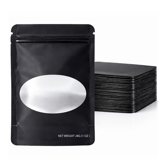 50 Pack – 28g Solid Color Mylar Bags with Oval Window - Black