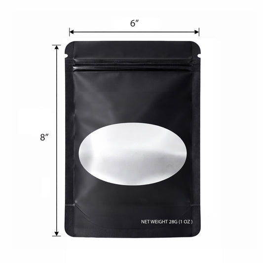 50 Pack – 28g Solid Color Mylar Bags with Oval Window - Black
