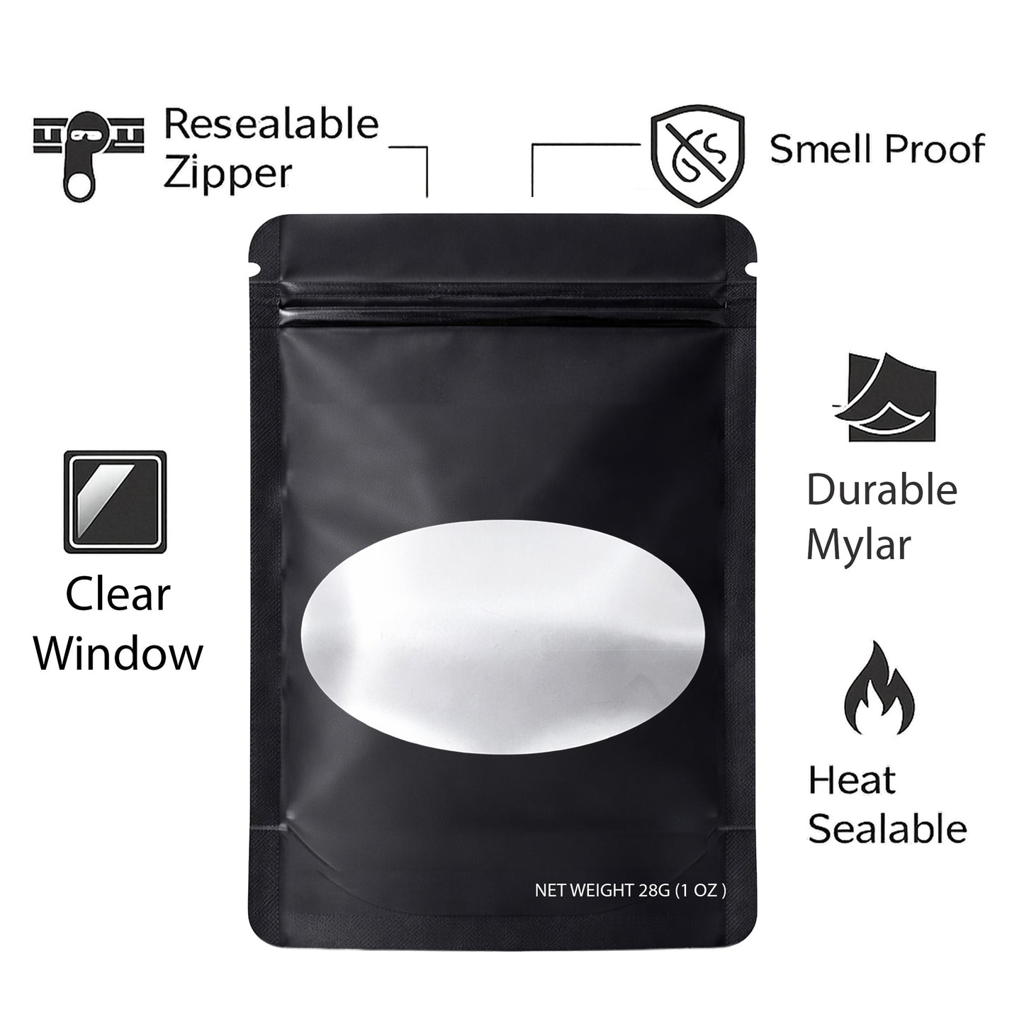 50 Pack – 28g Solid Color Mylar Bags with Oval Window - Black