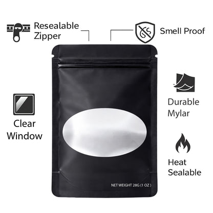 50 Pack – 28g Solid Color Mylar Bags with Oval Window - Black