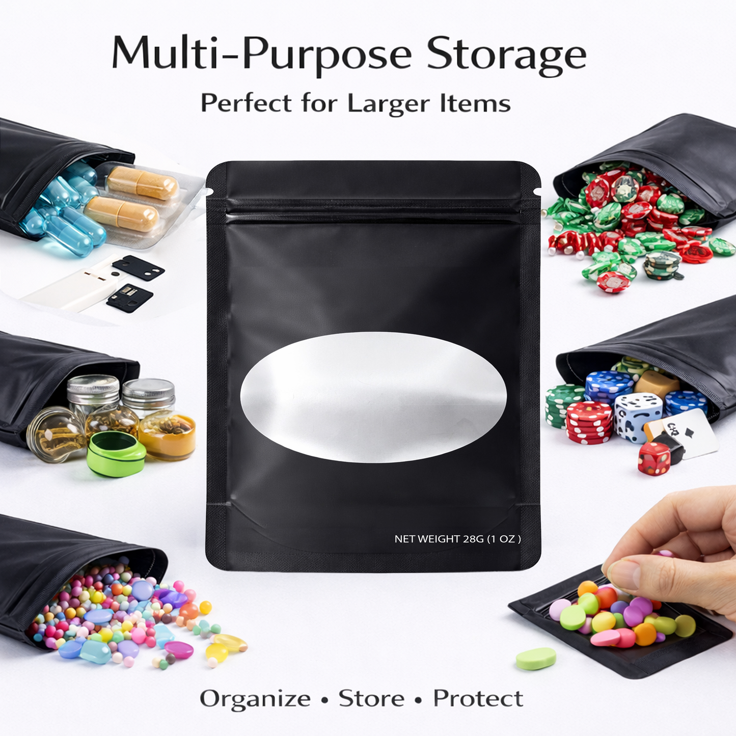 50 Pack – 28g Solid Color Mylar Bags with Oval Window - Black