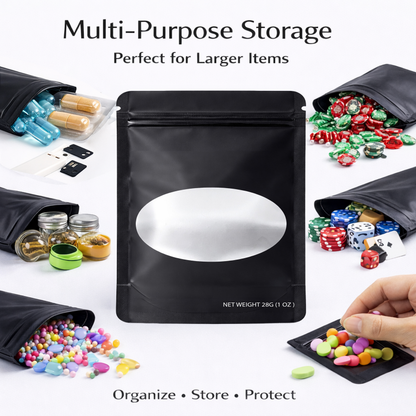 50 Pack – 28g Solid Color Mylar Bags with Oval Window - Black