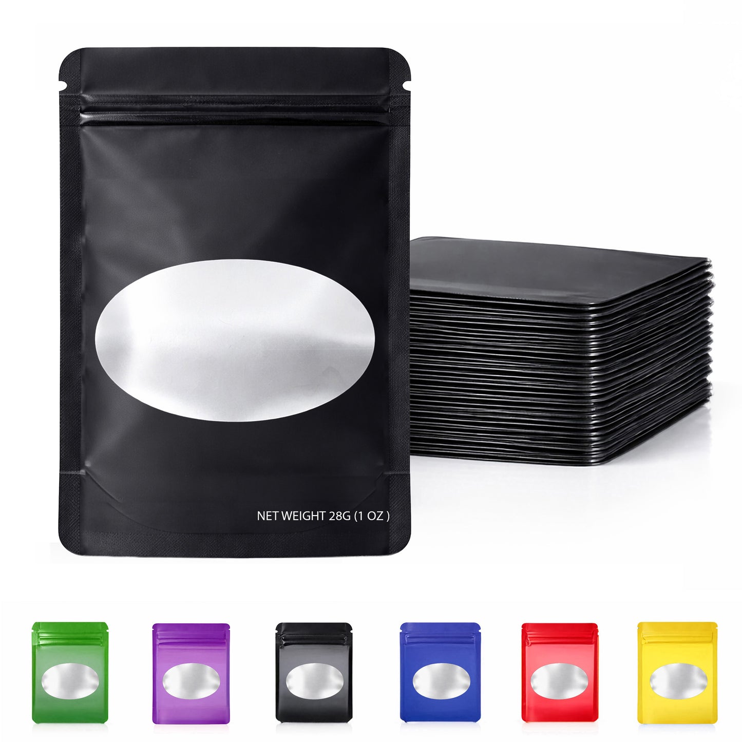 50 Pack – 28g Solid Color Mylar Bags with Oval Window - Black