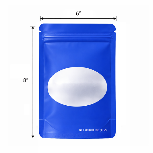 50 Pack – 28g Solid Color Mylar Bags with Oval Window - Royal Blue