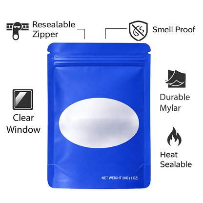 50 Pack – 28g Solid Color Mylar Bags with Oval Window - Royal Blue
