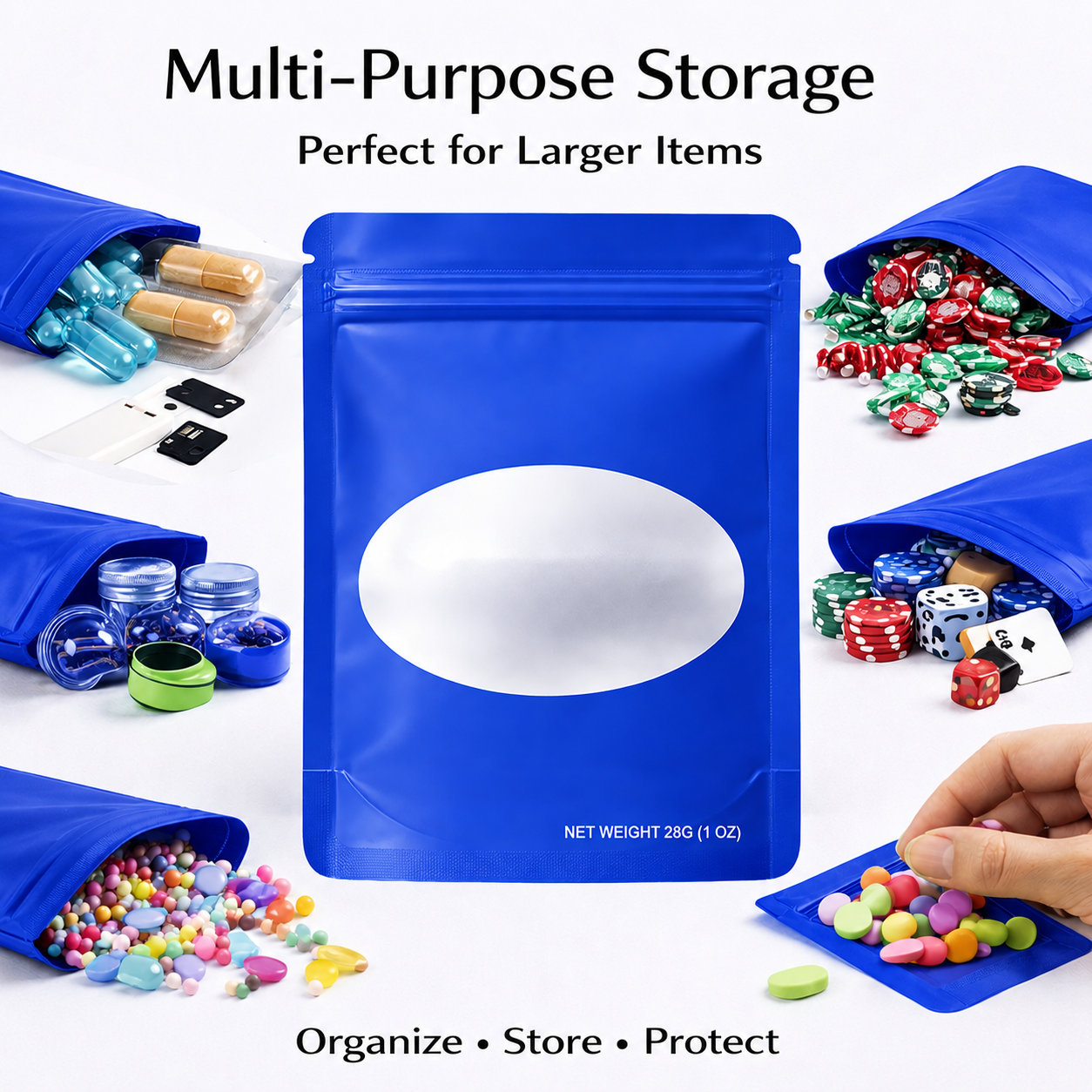 50 Pack – 28g Solid Color Mylar Bags with Oval Window - Royal Blue