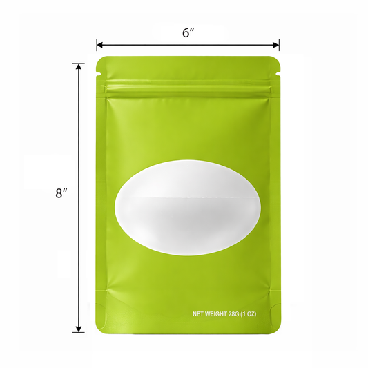 50 Pack – 28g Solid Color Mylar Bags with Oval Window - Green