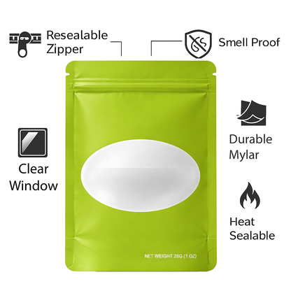 50 Pack – 28g Solid Color Mylar Bags with Oval Window - Green