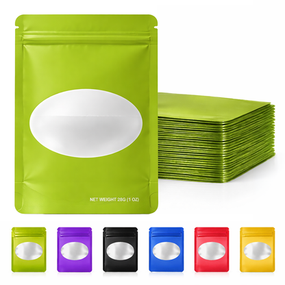 50 Pack – 28g Solid Color Mylar Bags with Oval Window - Green