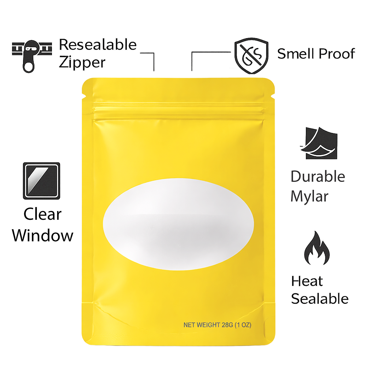 Solid Color Zip-Seal Foil Pouches (4.75"x8") Oval Window - Yellow